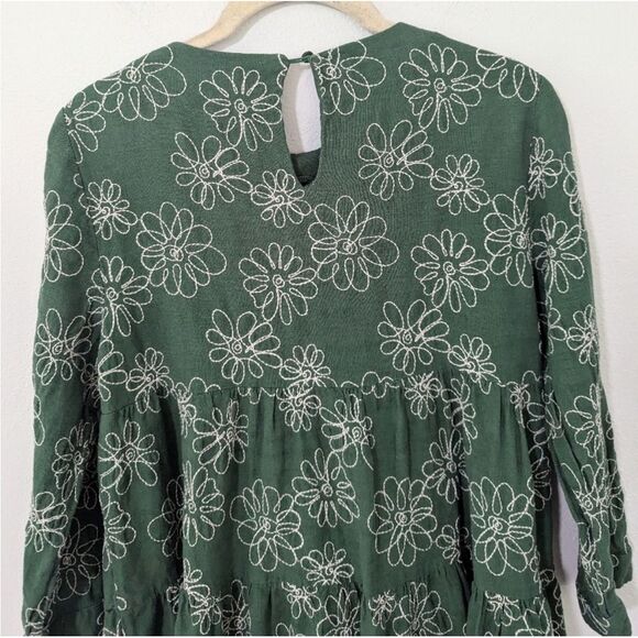 Zara Diana Floral Embroidered Tiered Mini Dress Linen Long Sleeve Green L - Picture 8 of 12